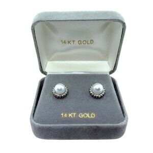 Estate 14K White Gold Cultured Pearl 0.50ct. Diamond Halo Signed Stud Earrings